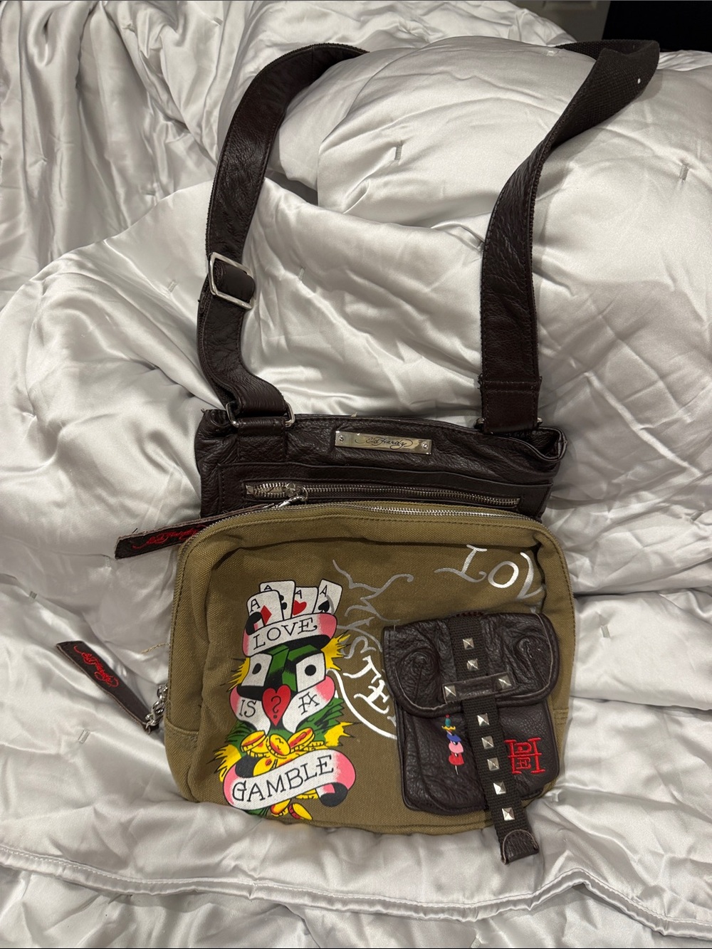 Ed Hardy Olive Green & Dark Brown Graphic Canvas Messenger Bag